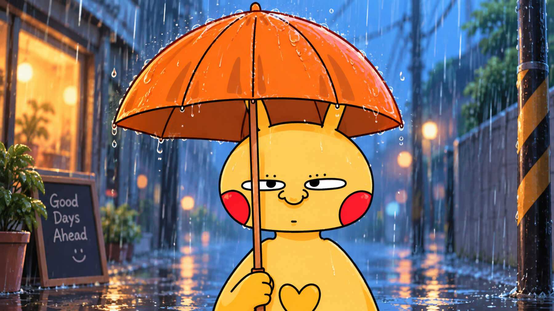 Dozy holding an orange umbrella in the rain on a city street, a sign behind him reads Good Days Ahead