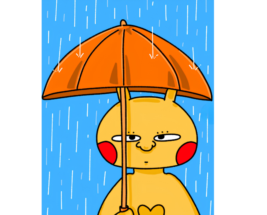 Dozy under an orange umbrella in the rain